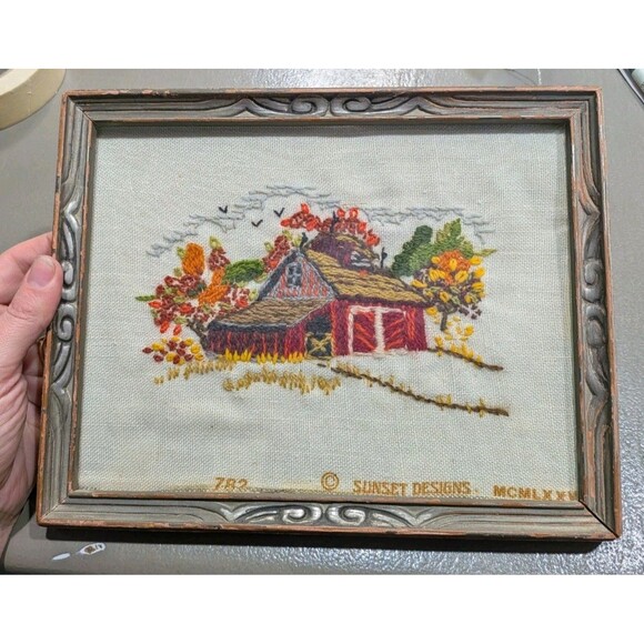 Other - 1978 Sunset Designs Autumn Barn 5x7 Crewel Embroidery Finished Framed